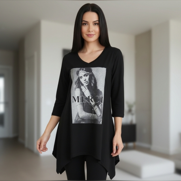 Just Divine Tops - Chic Black Graphic Tunic Top
